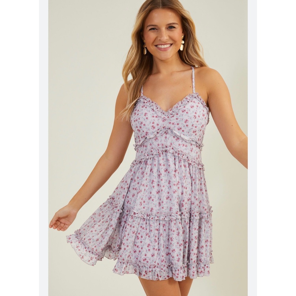 A9 Altar'd State Lavender Pink Floral‎ Tiered Ruffle Mini Dress XS E0830M653JI
